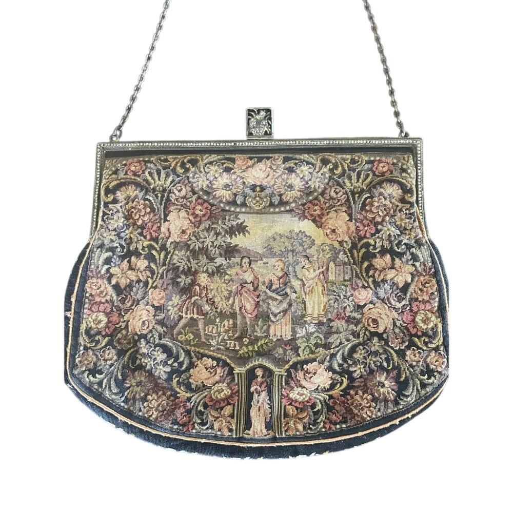 Antique Rare Handmade Victorian Floral Tapestry Bag